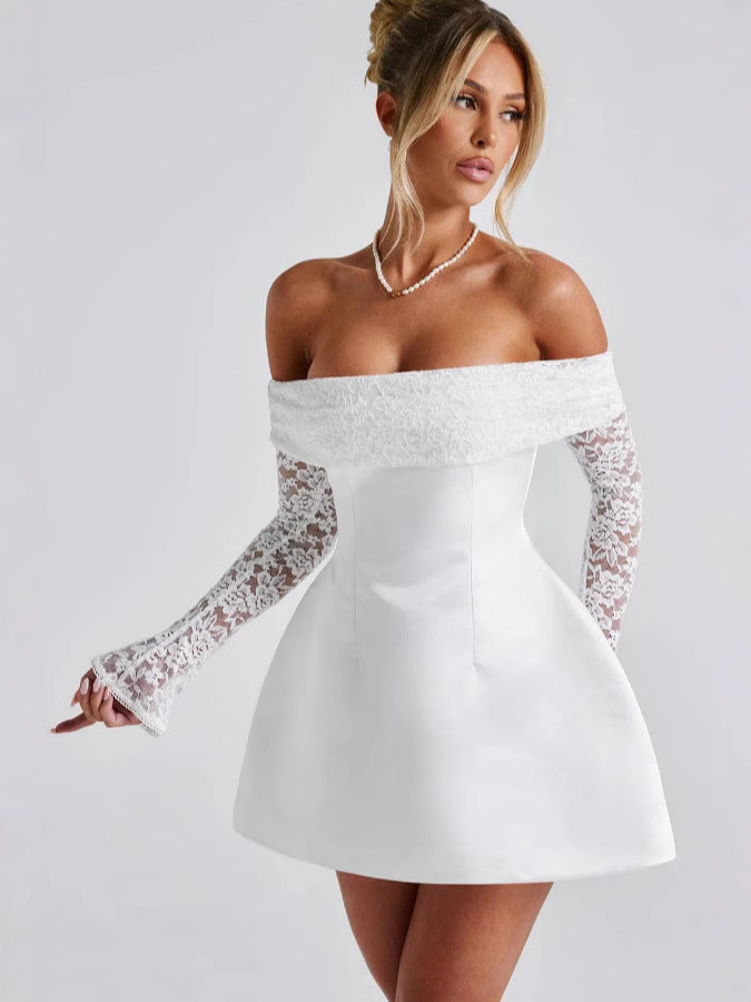 Damen Off-Shoulder Kleid mit floralen Spitzenärmeln und schwingendem Rock Stilzeits