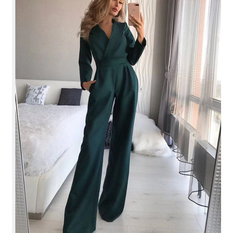 Damen eleganter Jumpsuit mit langem Bein und klassischem Schauspielkragen Stilzeits