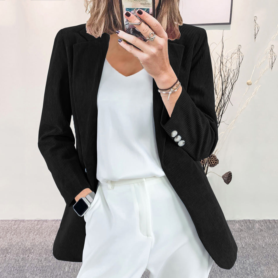Damen Eleganter Blazer mit vertikalem Streifenmuster und schmaler Silhouette Stilzeits