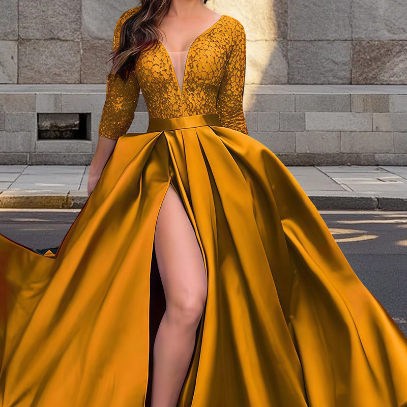 Damen Elegantes Abendkleid mit tiefem V-Ausschnitt und seitlichem Schlitz Stilzeits