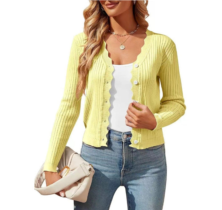 Damen elegante Strickjacke mit Wellenkante Stilzeits