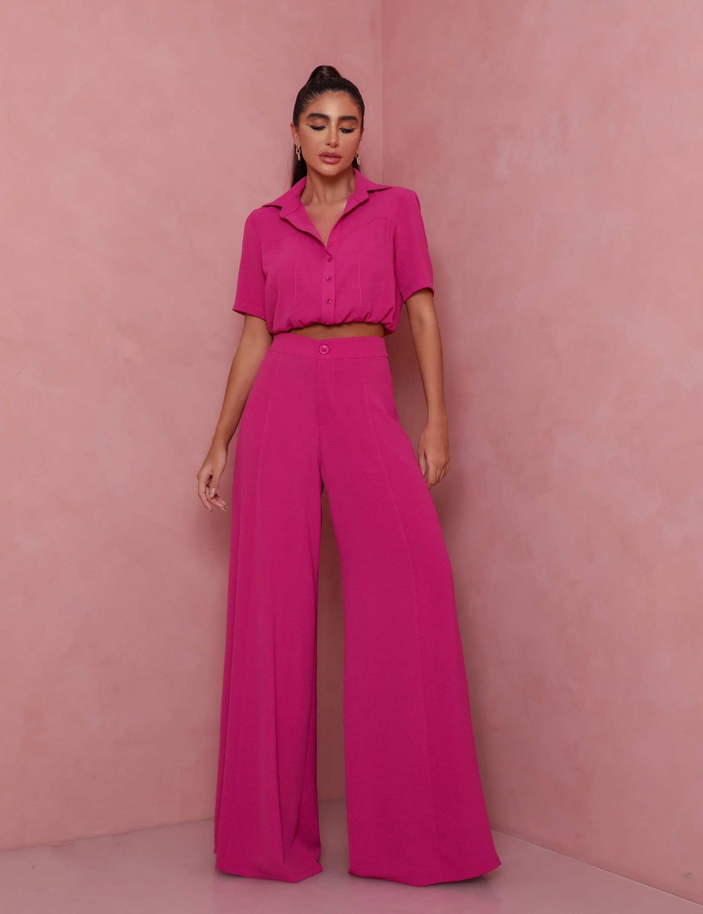 Damen Elegantes Kurzarm-Blusen und Palazzo-Hosen-Ensemble Stilzeits