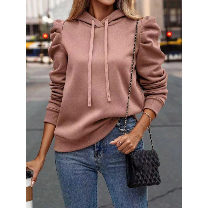 Damen modischer Kapuzenpullover mit Puffärmeln und praktischen Taschen Stilzeits