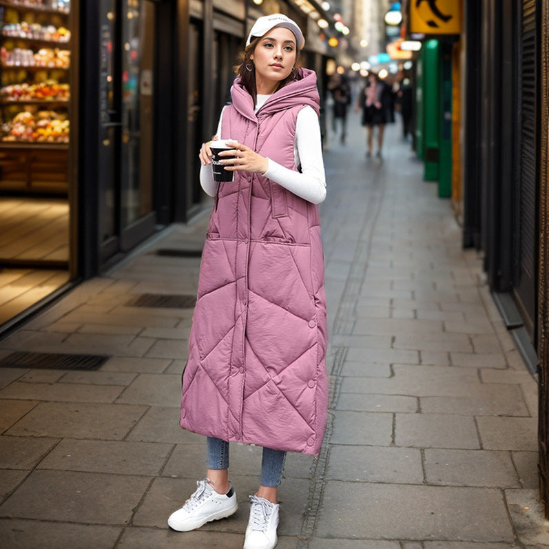 Damen gesteppte lange Weste mit isolierender Kapuze und praktischen Taschen Stilzeits
