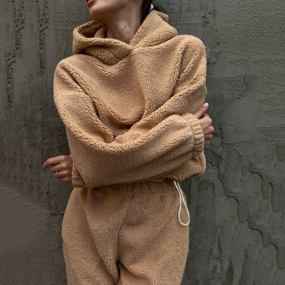 Damen gemütlicher Fleece-Jumpsuit mit elastischem Bund und Kapuze Stilzeits