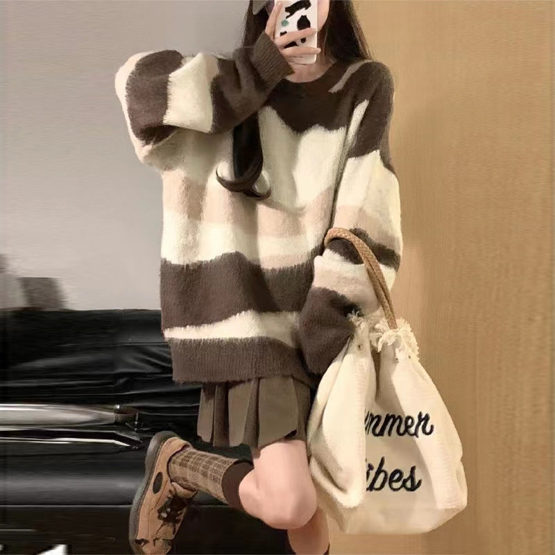 Damen Grobstrickpullover mit modischem Streifenmuster und lässigem Schnitt Stilzeits