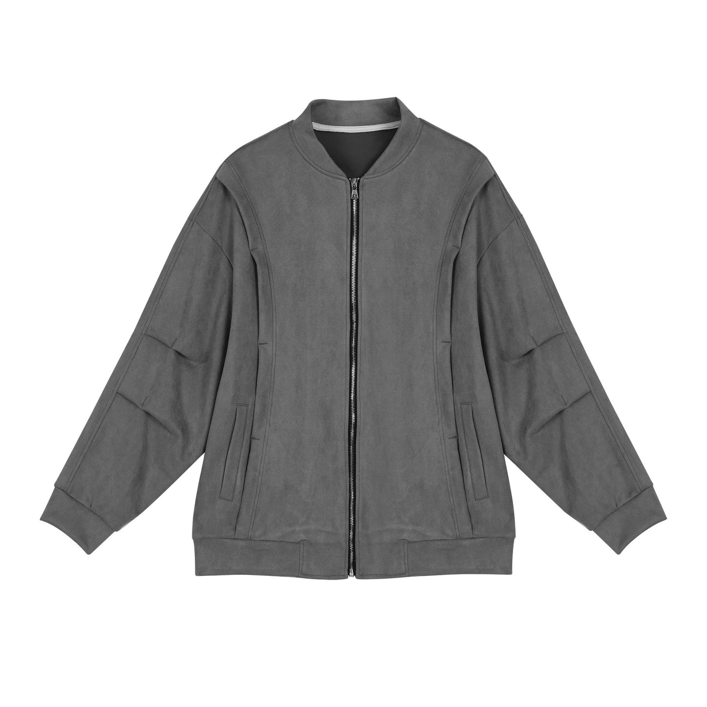 Damen stylische Oversize-Jacke aus weichem Kunstleder mit praktischen Taschen und durchgehendem Reißverschluss Stilzeits