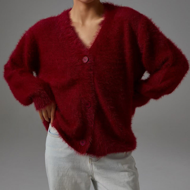 Damen flauschiger Cardigan mit V-Ausschnitt und übergroßem Schnitt Stilzeits