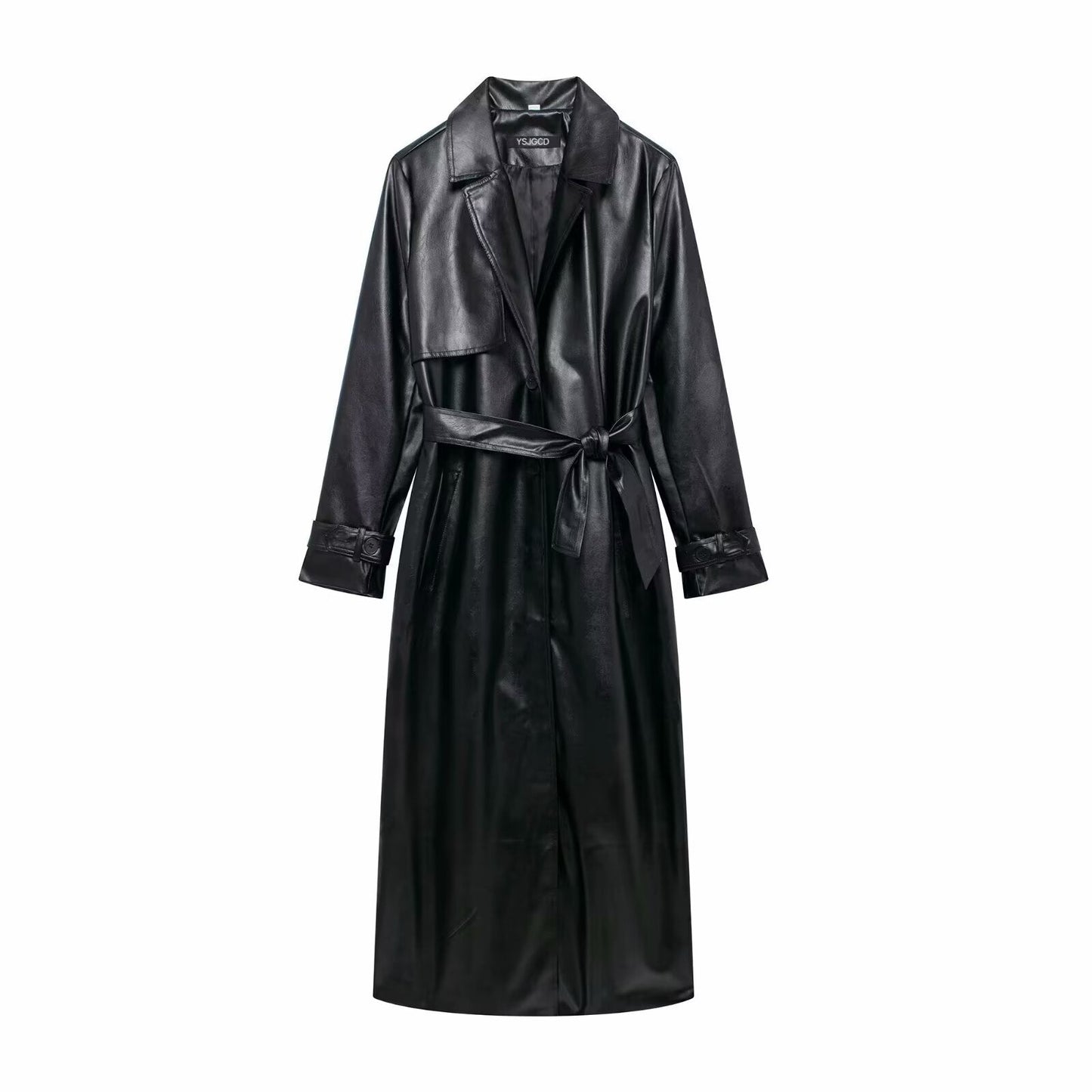 Damen Kunstleder-Trenchcoat mit elegantem Schnitt und taillierbarem Gürtel Stilzeits