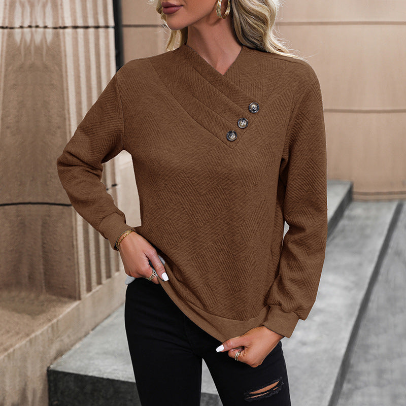 Damen eleganter Pullover mit asymmetrischem Ausschnitt und Knopfdetails Stilzeits