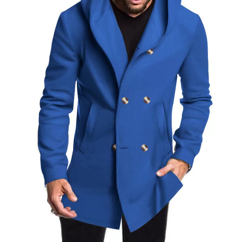 Herren modischer Mantel mit Kapuze und doppelter Knopfreihe Stilzeits