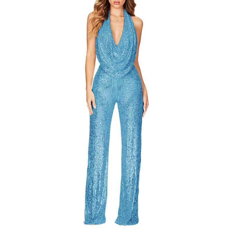 Damen Glitzerndes Jumpsuit mit tiefem V-Ausschnitt und weitem Bein Stilzeits