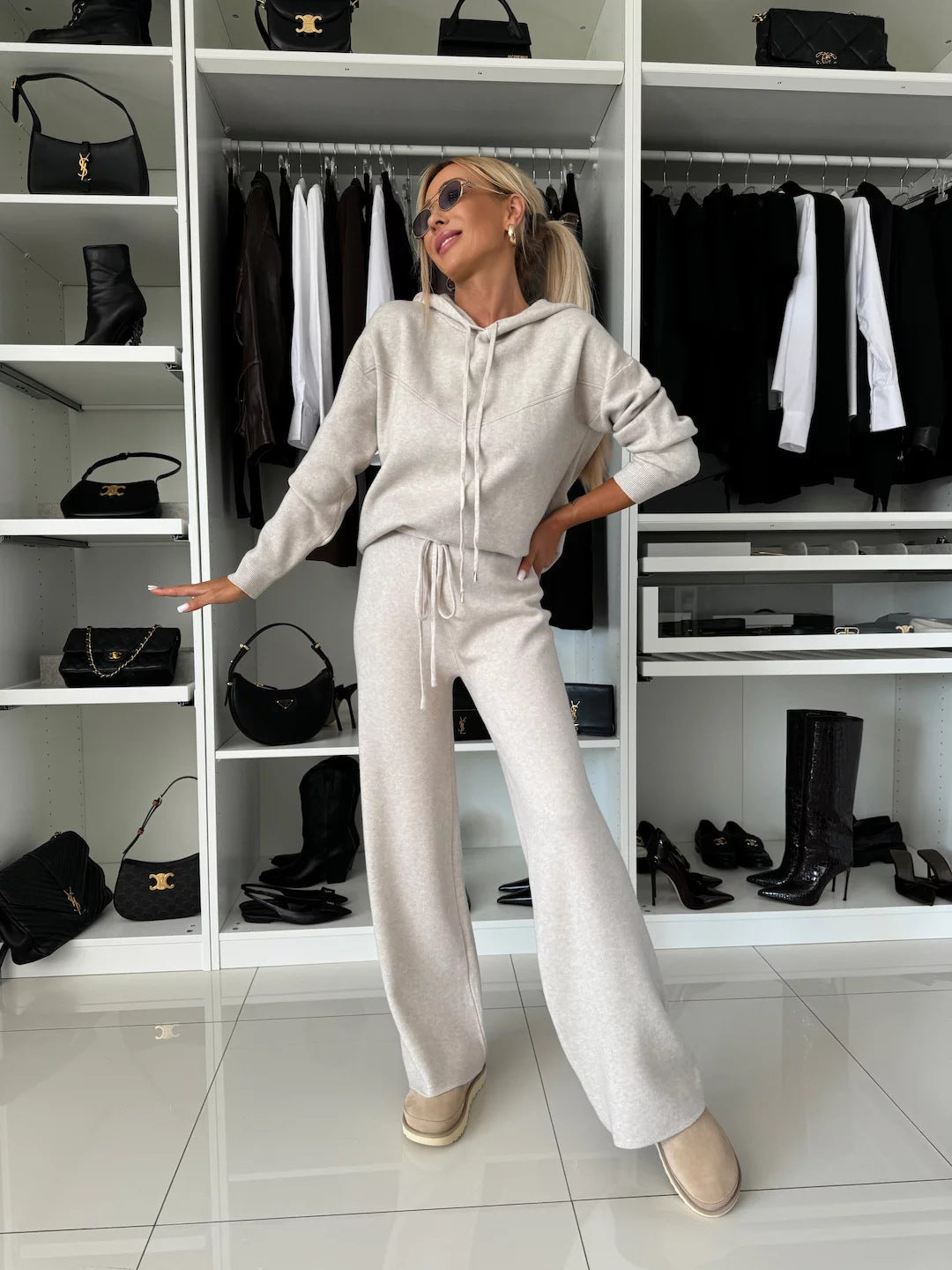 Damen entspannte Fleece-Hoodie und weite Hose Set Stilzeits