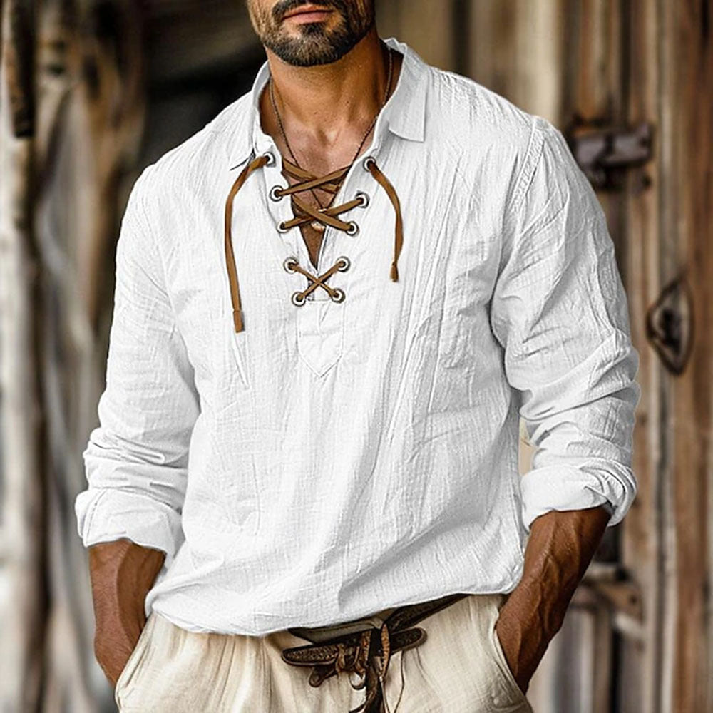 Herren lässiges Langarmhemd mit elegante Schnürung Stilzeits