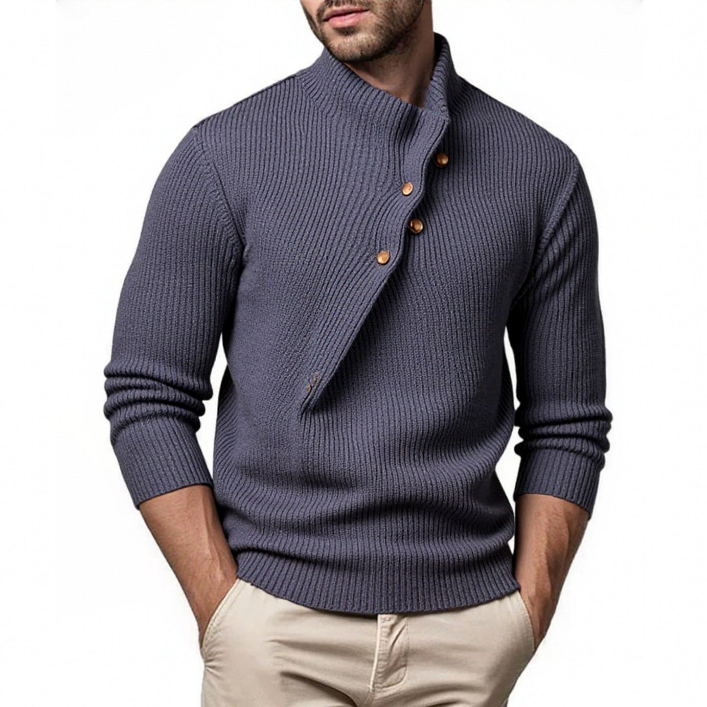 Herren modischer Strickpullover mit Stehkragen und asymmetrischer Knopfleiste Stilzeits