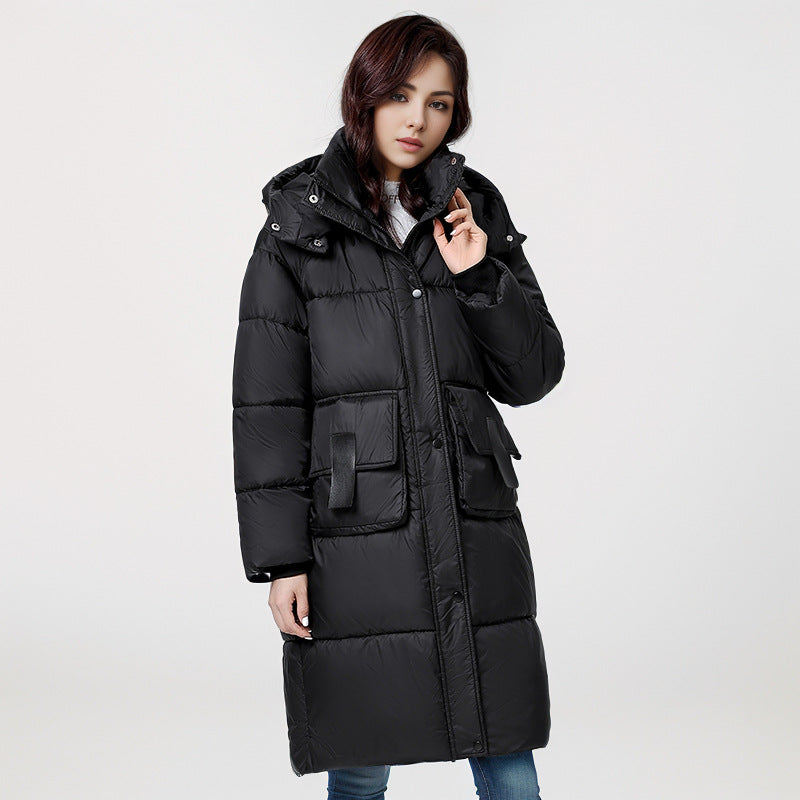 Damen gesteppter Langmantel mit wärmender Kapuze und praktischen Taschen Stilzeits