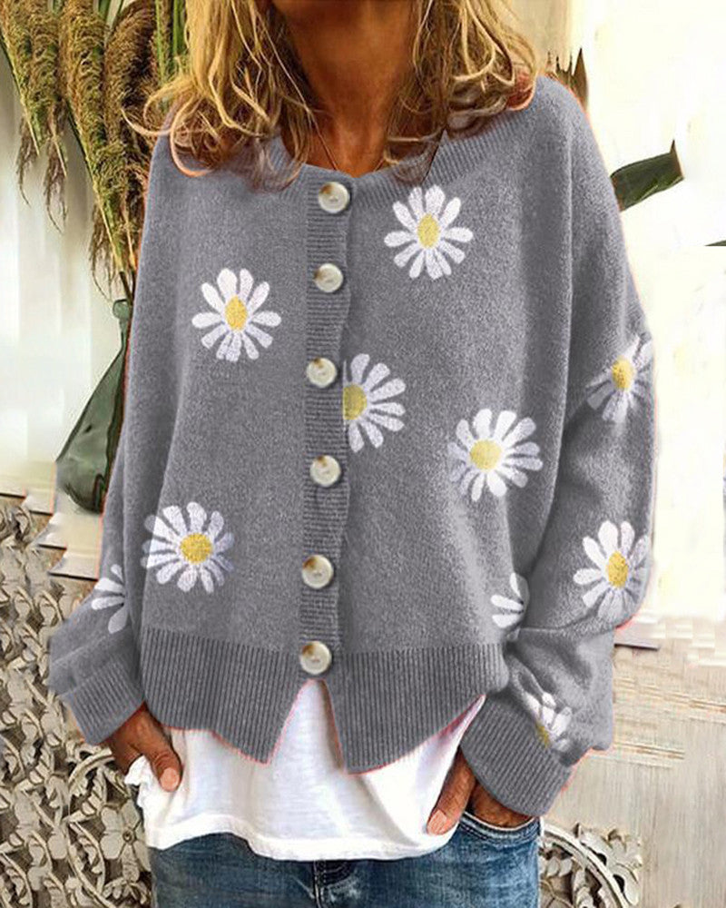 Damen Farbiger Baumwollpullover mit Blumenmuster Stilzeits
