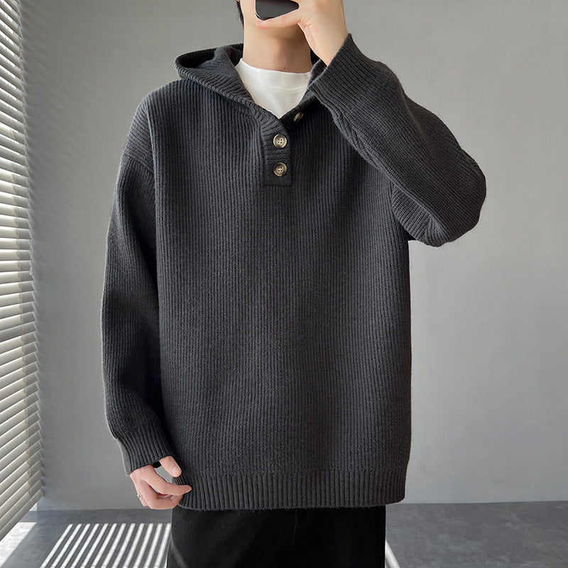 Herren Strickpullover mit Knopfleiste und Kapuze Stilzeits