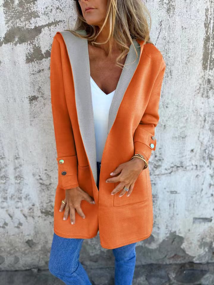 Damen modische Longjacke mit großzügiger Kapuze und praktischen Taschen Stilzeits