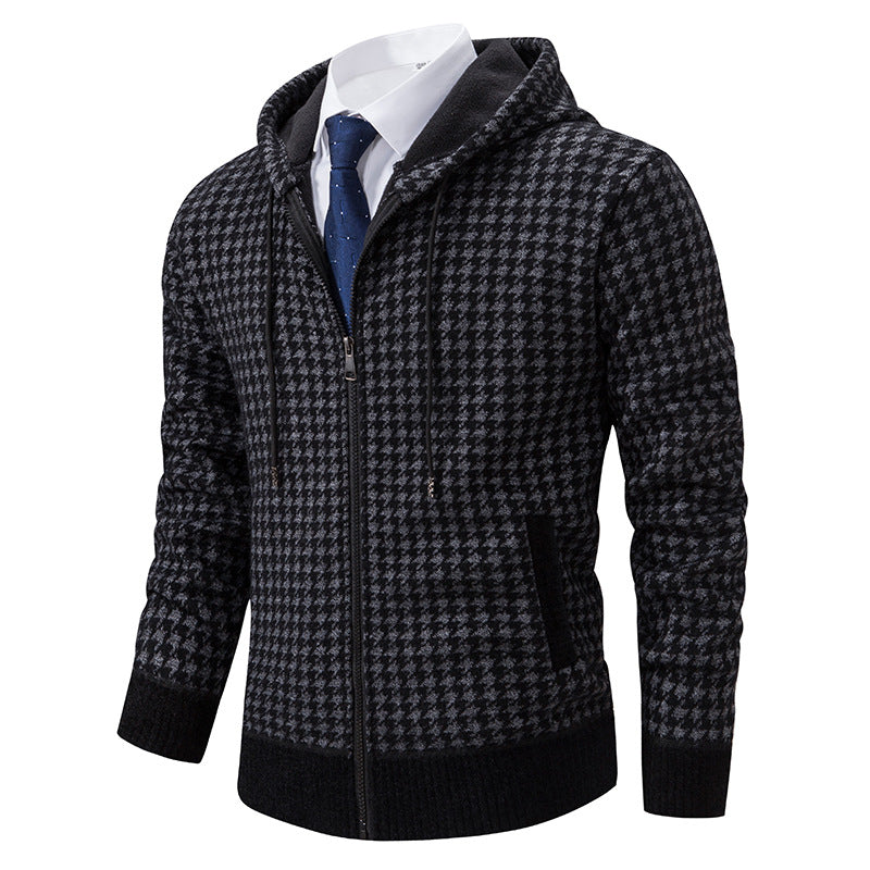 Herren gemütlicher Strickpullover mit modernem Karomuster und Kapuze Stilzeits