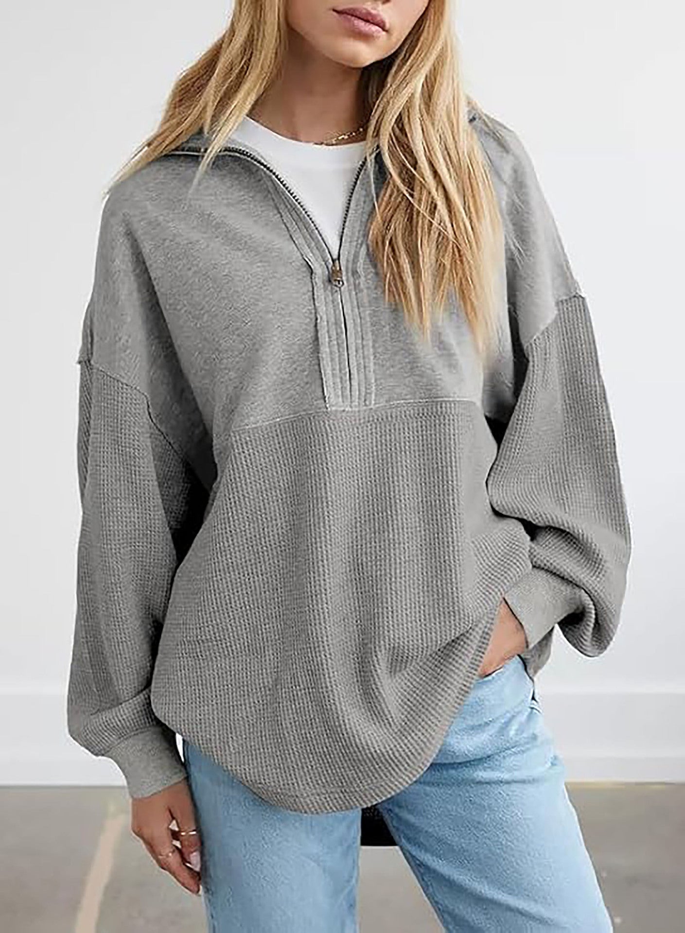 Damen lässiger Kapuzenpullover mit halblangem Reißverschluss und strukturiertem Material Stilzeits