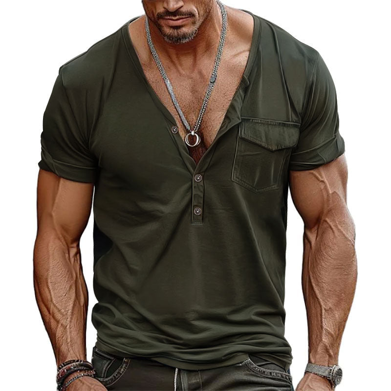Herren Kurzarm-Henley-T-Shirt mit dekorativer Brusttasche und modernem Schnitt Stilzeits