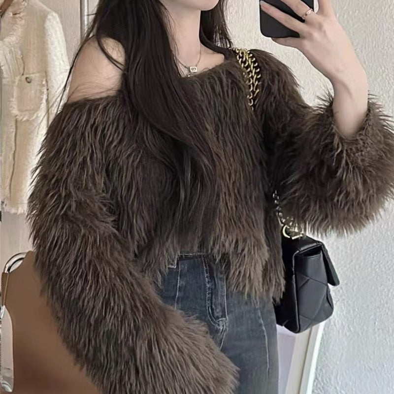 Damen Flauschiger Off-Shoulder-Pullover mit langen Ärmeln Stilzeits