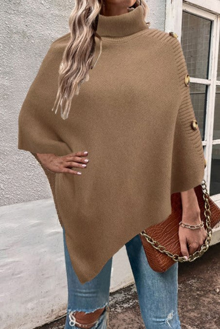 Damen Strick-Poncho mit hohem Kragen und Knopfdetails Stilzeits