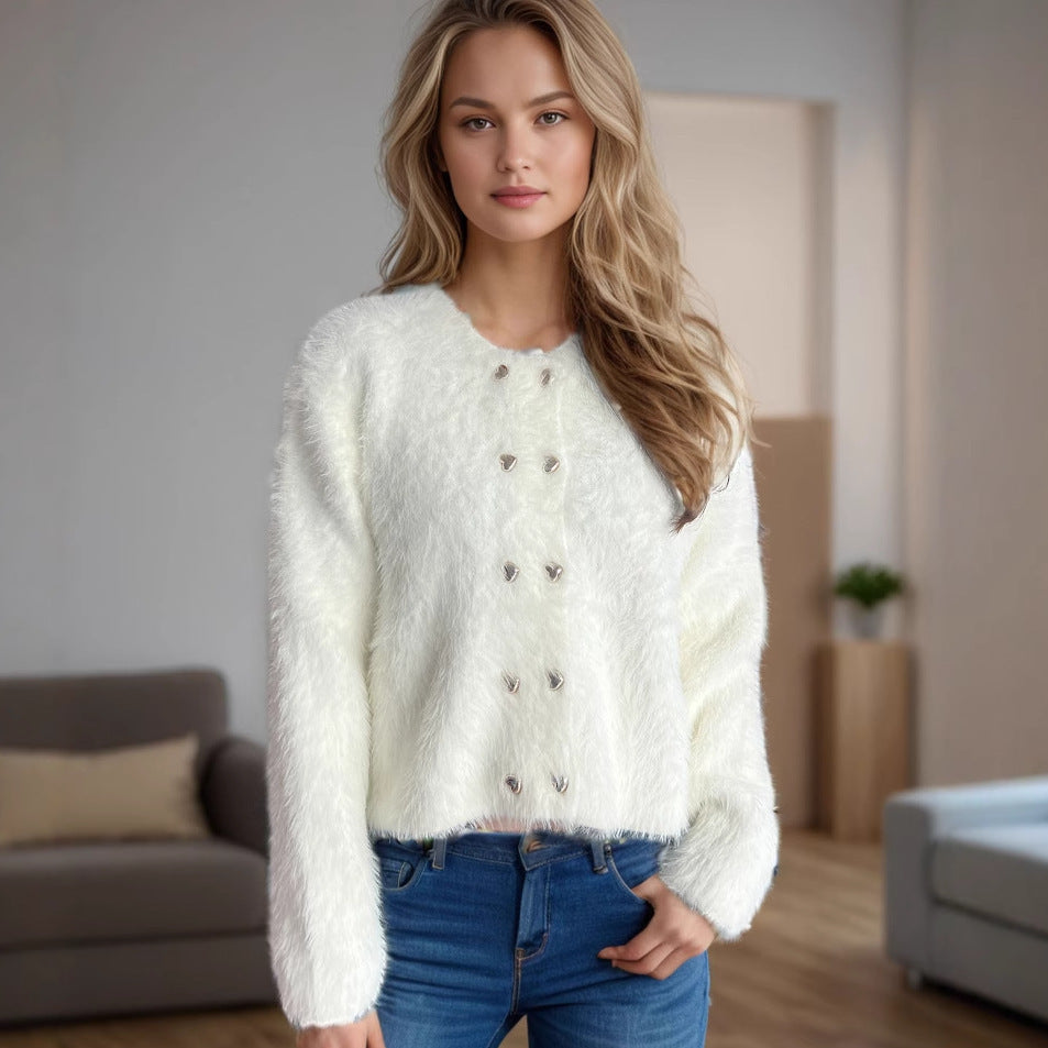 Damen flauschige Strickjacke mit herzförmigen Knöpfen und lockerer Passform Stilzeits