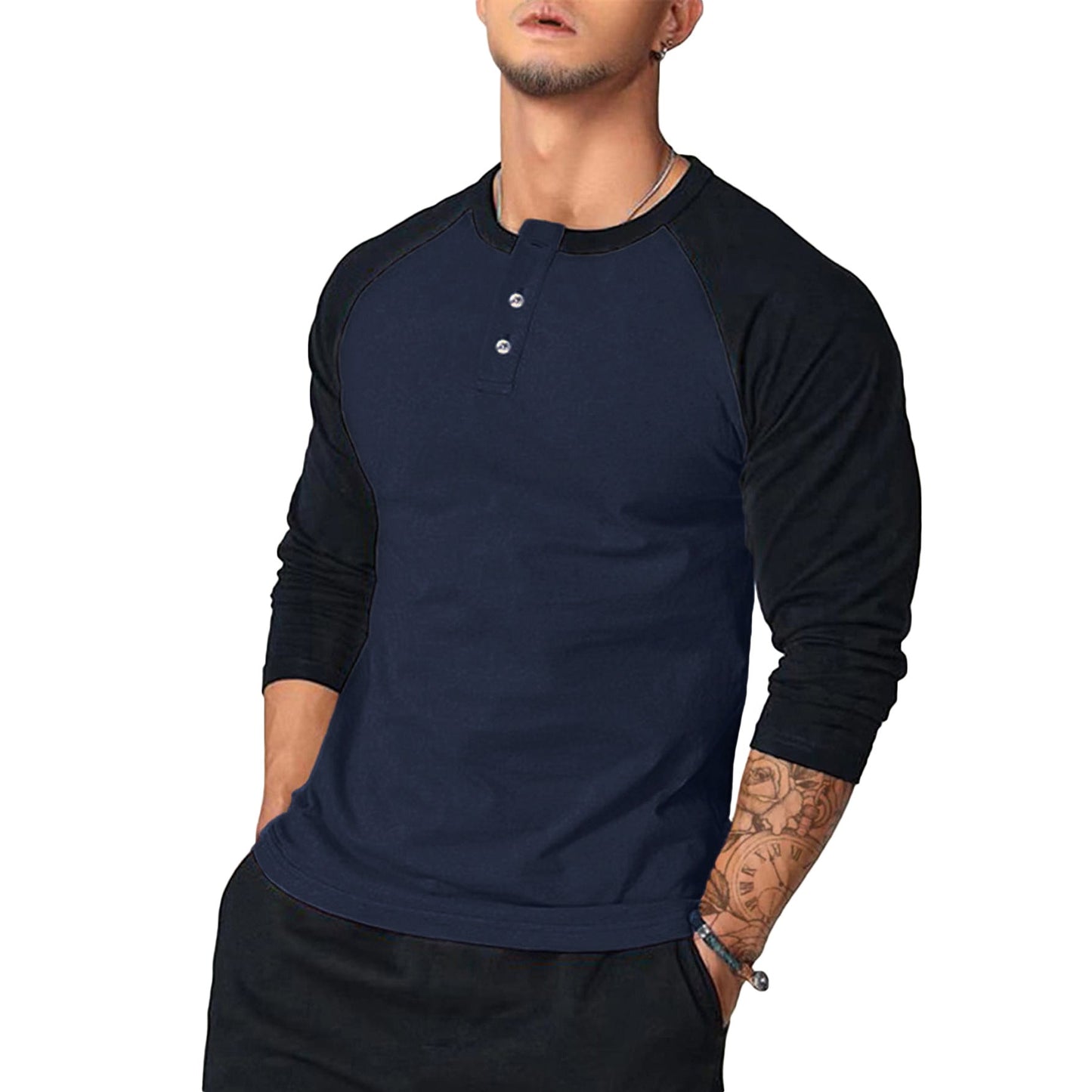 Herren Langarm-Henley-Shirt mit Kontrastärmel Stilzeits