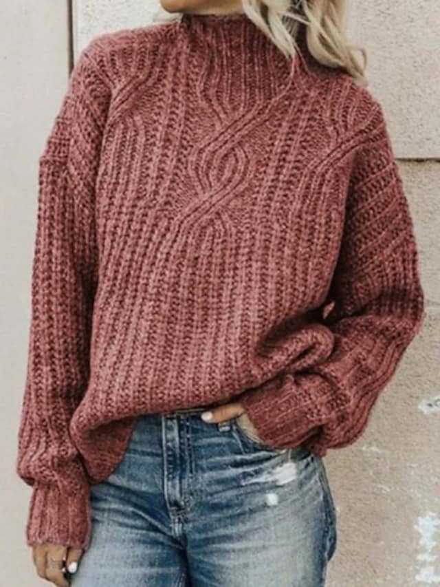 Damen Grober Strickpullover mit hohem Kragen und Zopfmuster Stilzeits