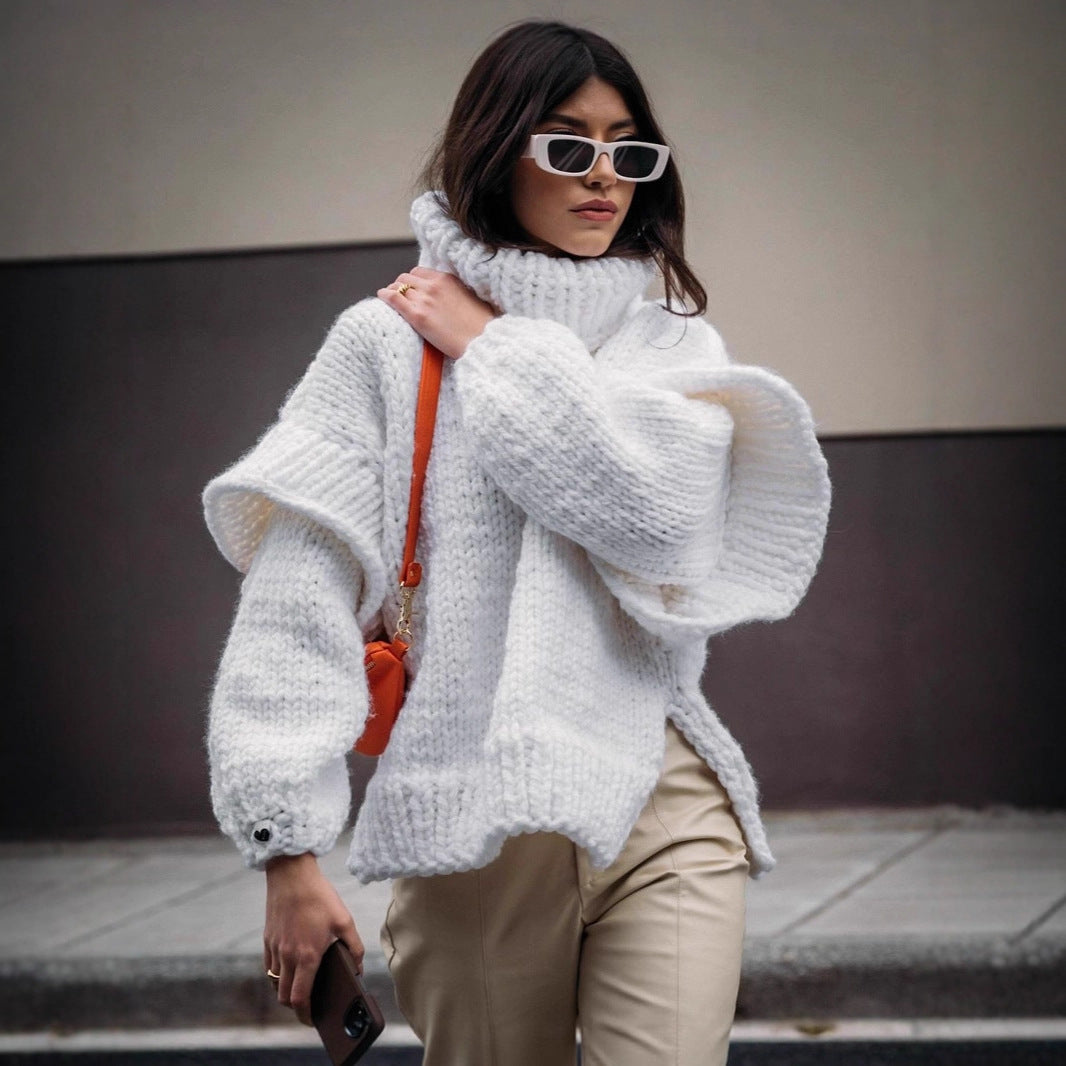 Damen Oversized Strickpullover mit hohem Kragen und voluminösen Ärmeln Stilzeits