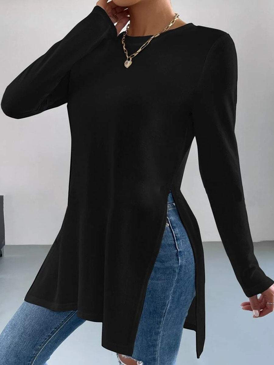 Damen asymmetrisches Longsleeve-Oberteil mit seitlichen Schlitzen und lässigem Schnitt Stilzeits