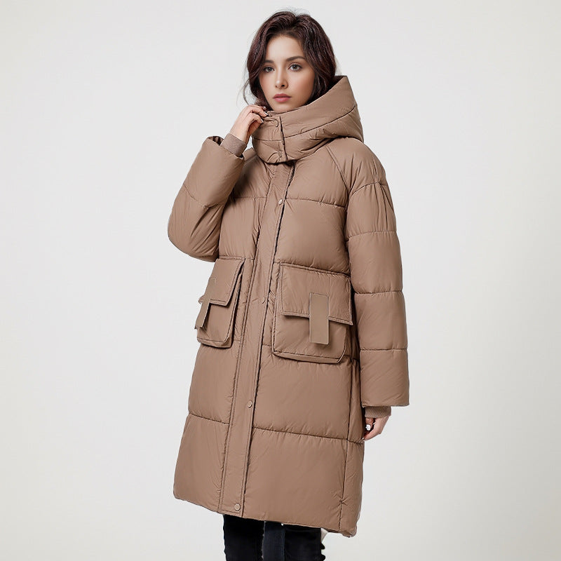 Damen gesteppter Langmantel mit wärmender Kapuze und praktischen Taschen Stilzeits