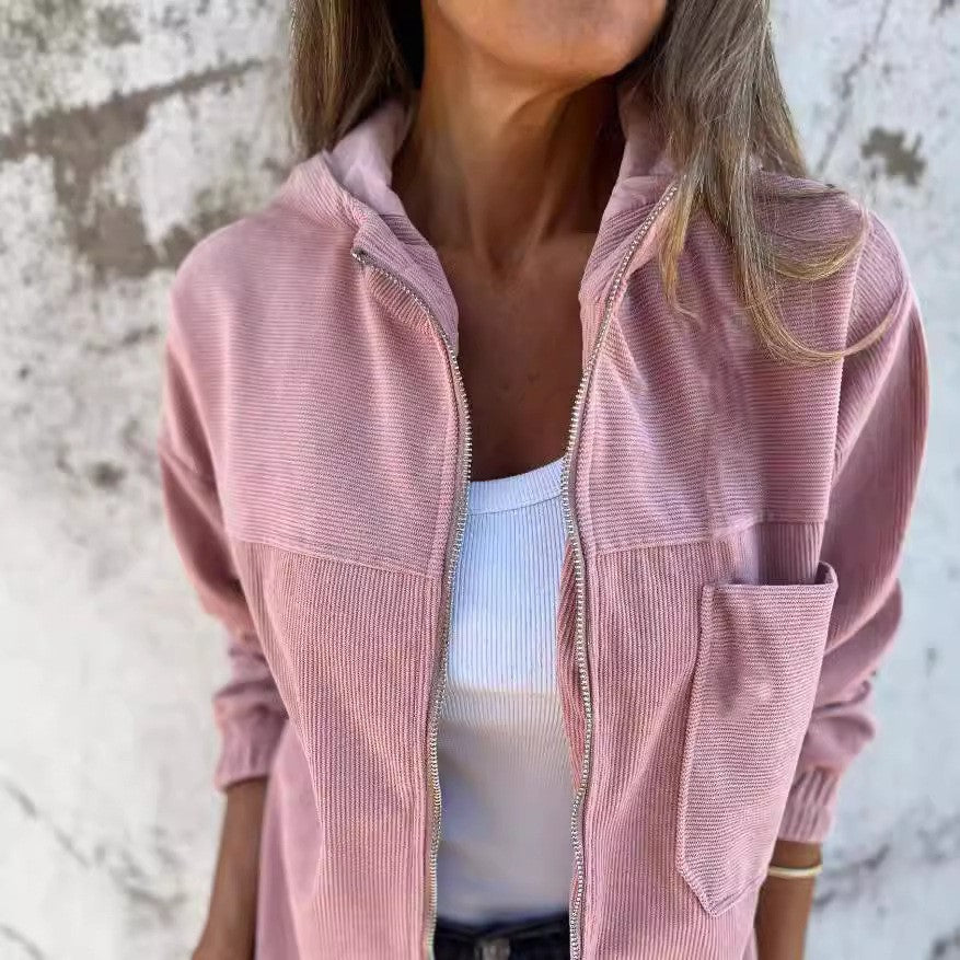 Damen lässige Cordjacke mit praktischen Taschen und elegantem Reißverschluss Stilzeits