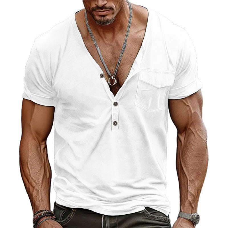 Herren Kurzarm-Henley-T-Shirt mit dekorativer Brusttasche und modernem Schnitt Stilzeits