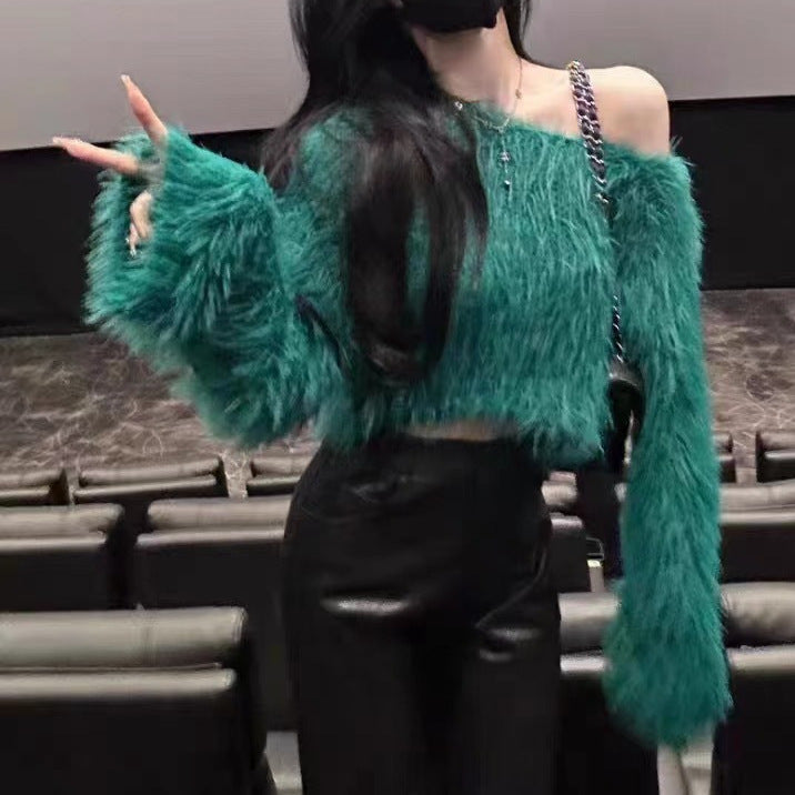 Damen cropped Pullover mit flauschiger Textur und Off-Shoulder-Design Stilzeits