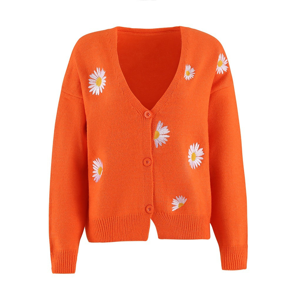 Damen Strickjacke mit Blumenstickerei und V-Ausschnitt Stilzeits