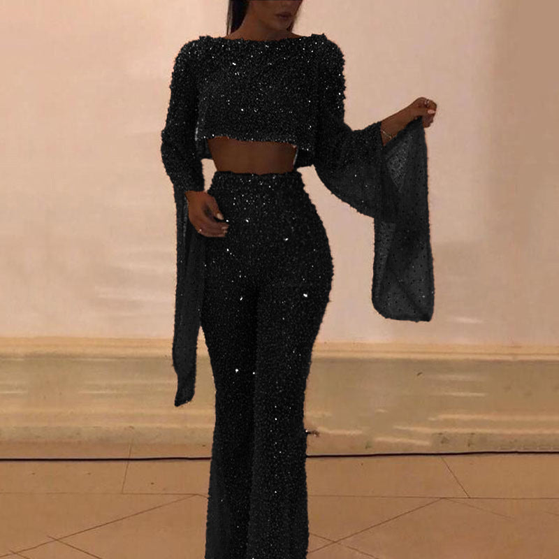 Damen Glitzerndes Zweiteiliges Set mit weitem Bein und langen Ärmeln Stilzeits