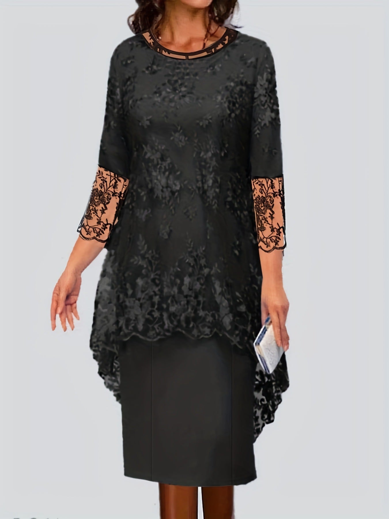 Damen Elegantes Blusen-Kleid mit floralen Spitze-Ärmeln und schwingendem Saum Stilzeits