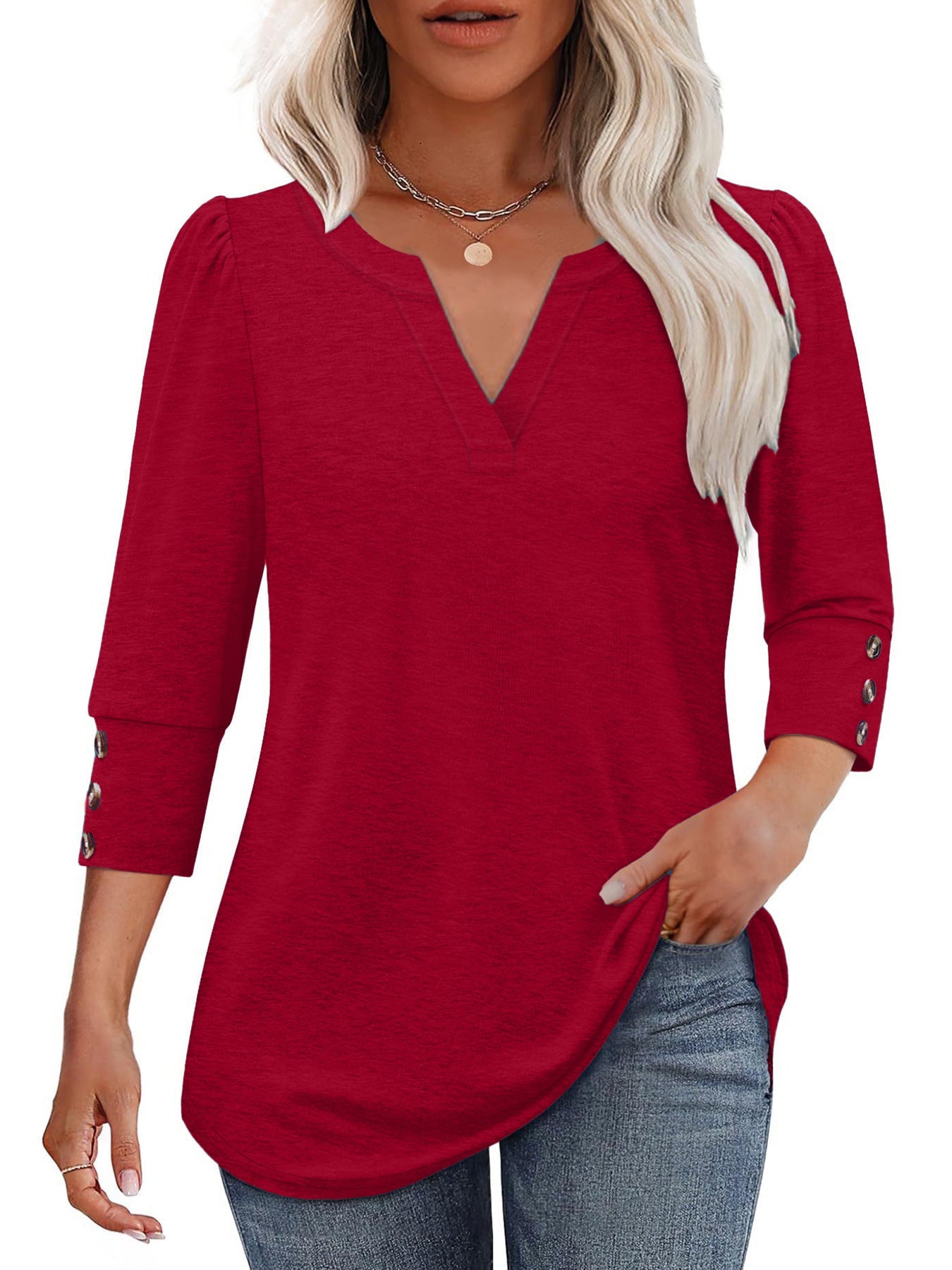 Damen V-Ausschnitt Bluse mit dekorativen Knopfdetails Stilzeits