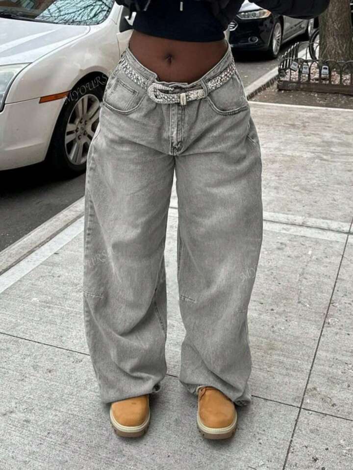 Damen Weit geschnittene Jeanshosen mit funkelndem Gürtel Stilzeits
