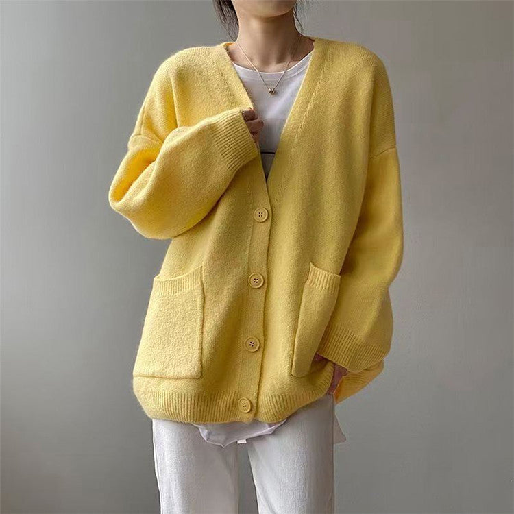 Damen Grob gestrickter Cardigan mit Taschen und V-Ausschnitt Stilzeits