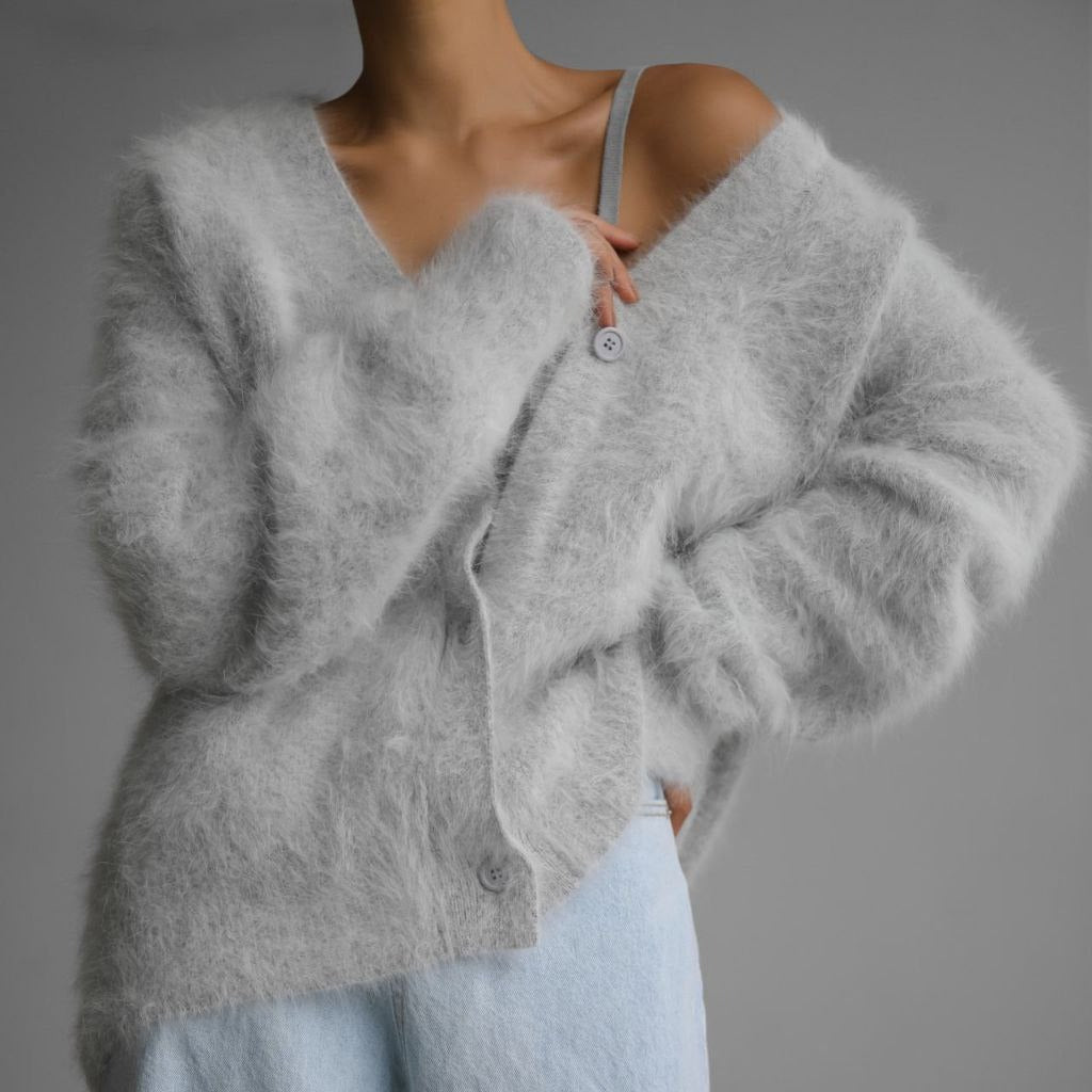 Damen weicher Strickcardigan mit luxuriösem Mohair-Anteil und lässigem Schnitt Stilzeits