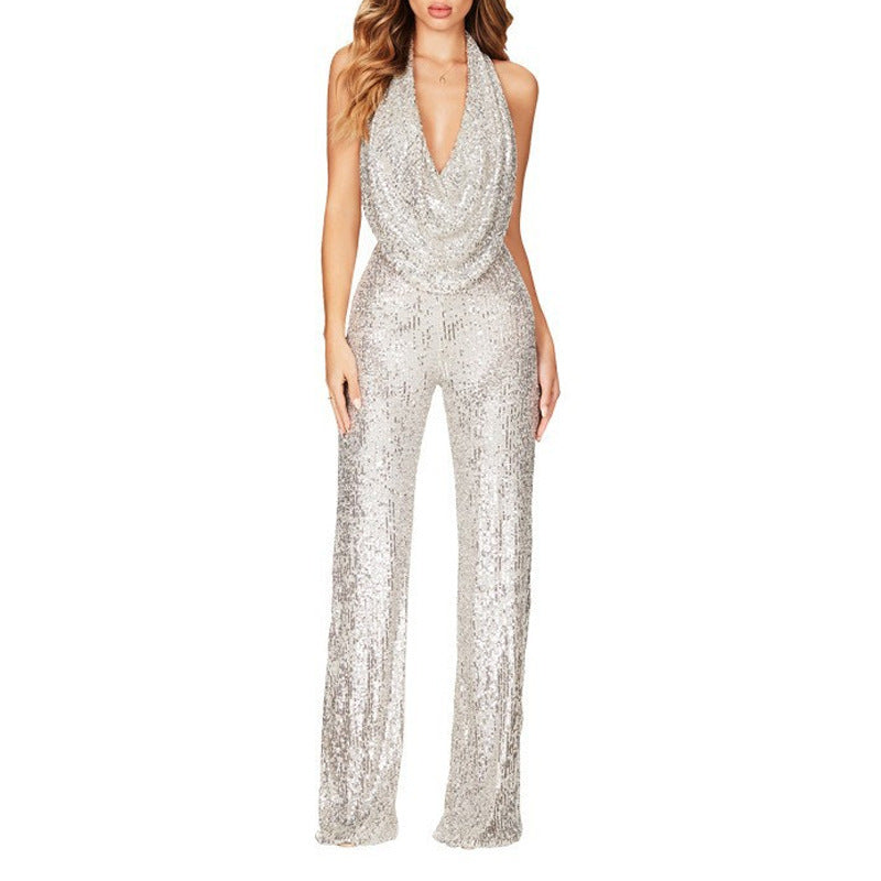 Damen Glitzerndes Jumpsuit mit tiefem V-Ausschnitt und weitem Bein Stilzeits