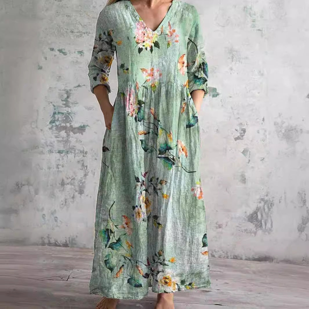 Damen Floral Maxikleid mit V-Ausschnitt und Dreiviertelärmeln