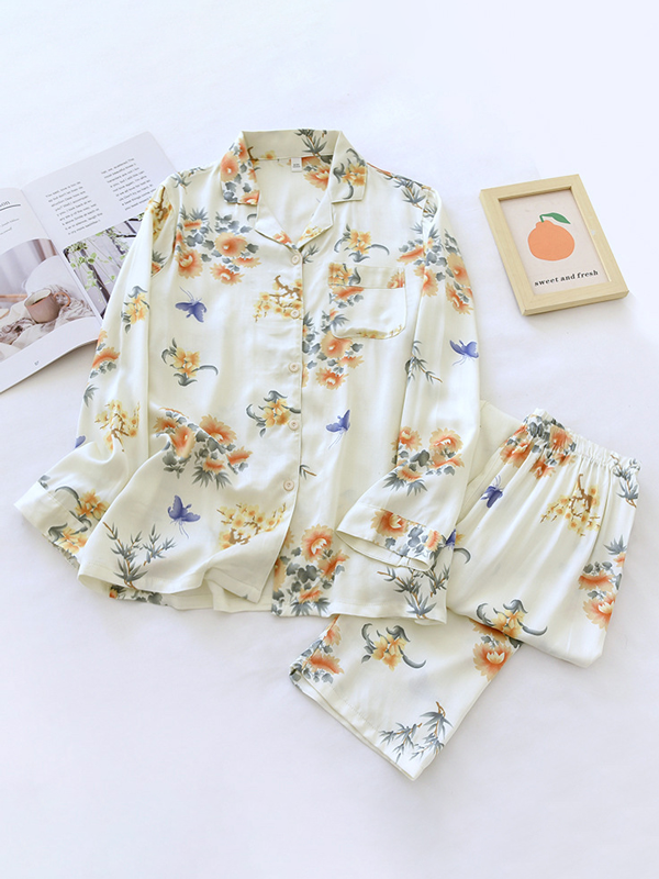 Damen Blumen Pyjama-Set - Langarm & Knopfleiste
