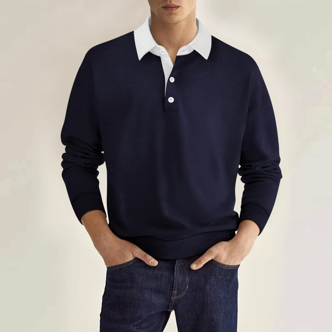 Herren eleganter Polopullover mit Knopfleiste und Kontrastkragen Stilzeits