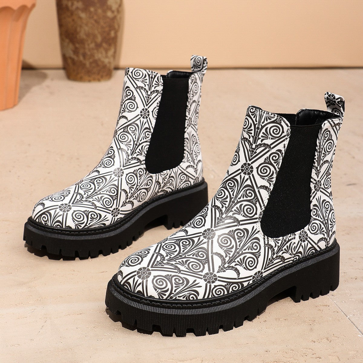 Damen Chelsea-Stiefel mit kreativem Musterdruck und rutschfester Sohle Stilzeits
