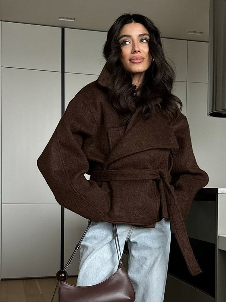 Damen elegante Oversized-Wolljacke mit Gürtel Stilzeits